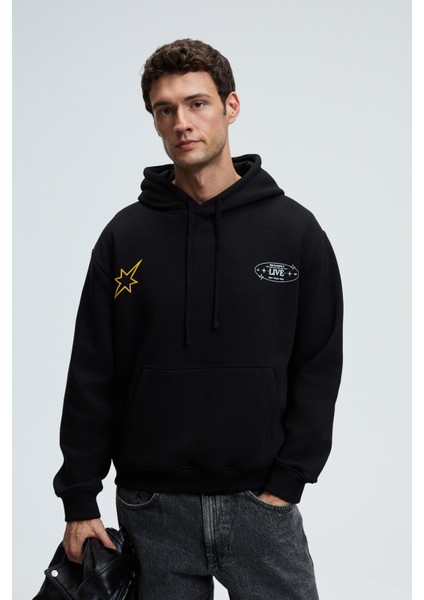 PASCAL Erkek Kapüşonlu Kanguru Cepli Önü Ve Sırtı Baskılı Regular Fit Siyah Sweatshirt