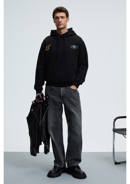 PASCAL Erkek Kapüşonlu Kanguru Cepli Önü Ve Sırtı Baskılı Regular Fit Siyah Sweatshirt fiyatları