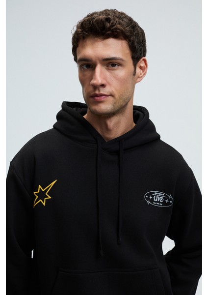 PASCAL Erkek Kapüşonlu Kanguru Cepli Önü Ve Sırtı Baskılı Regular Fit Siyah Sweatshirt modelleri