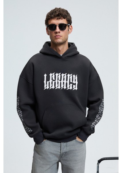 ARMAND Erkek Kapüşonlu Kanguru Cepli Önü Baskılı Oversize Antrasit Sweatshirt