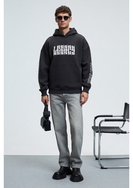 ARMAND Erkek Kapüşonlu Kanguru Cepli Önü Baskılı Oversize Antrasit Sweatshirt modelleri