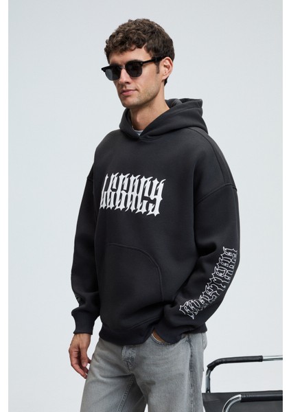 ARMAND Erkek Kapüşonlu Kanguru Cepli Önü Baskılı Oversize Antrasit Sweatshirt fırsatları