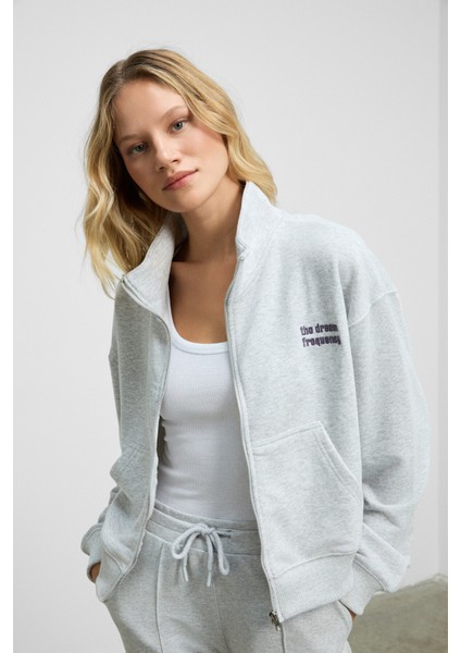 TORINA Kadın Nakış Detaylı Fermuarlı Çift Cepli Relax Grimelanj Ceket