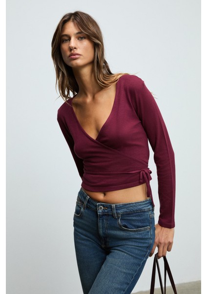 OLIVIERNS Kadın Önden Bağlamalı Vücudu Saran Nefes Alan Kumaşlı Bordo Bluz fiyatları