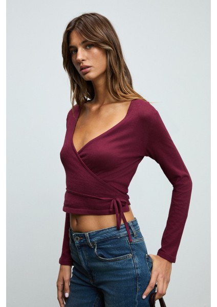 OLIVIERNS Kadın Önden Bağlamalı Vücudu Saran Nefes Alan Kumaşlı Bordo Bluz modelleri