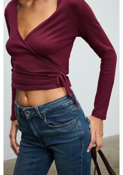 OLIVIERNS Kadın Önden Bağlamalı Vücudu Saran Nefes Alan Kumaşlı Bordo Bluz fırsatları