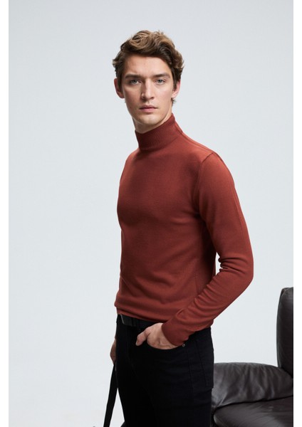 REBEL Erkek Yarım Balıkçı Yaka Basic Slim Fit Triko Kiremit Rengi Kazak modelleri