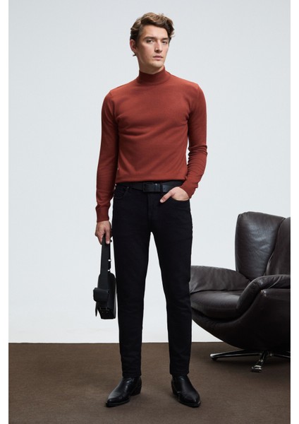 REBEL Erkek Yarım Balıkçı Yaka Basic Slim Fit Triko Kiremit Rengi Kazak fırsatları