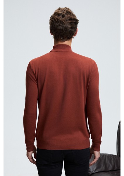 REBEL Erkek Yarım Balıkçı Yaka Basic Slim Fit Triko Kiremit Rengi Kazak