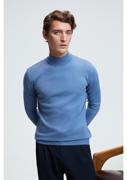 REBEL Erkek Yarım Balıkçı Yaka Basic Slim Fit Triko Mavi Kazak