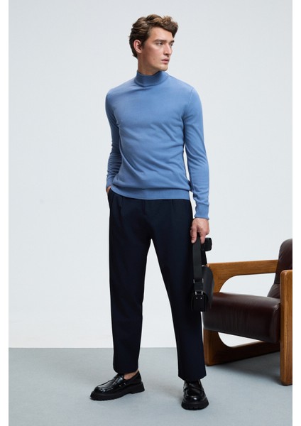 REBEL Erkek Yarım Balıkçı Yaka Basic Slim Fit Triko Mavi Kazak fiyatları