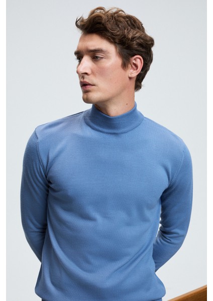 REBEL Erkek Yarım Balıkçı Yaka Basic Slim Fit Triko Mavi Kazak fırsatları