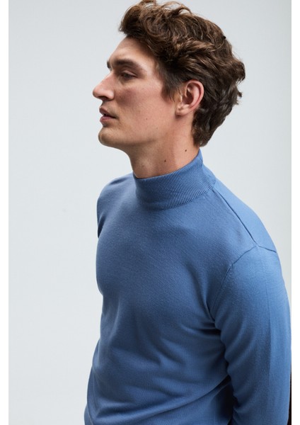 REBEL Erkek Yarım Balıkçı Yaka Basic Slim Fit Triko Mavi Kazak indirimleri