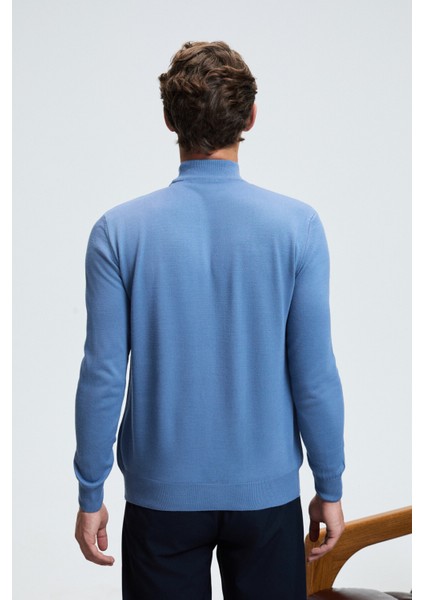 REBEL Erkek Yarım Balıkçı Yaka Basic Slim Fit Triko Mavi Kazak