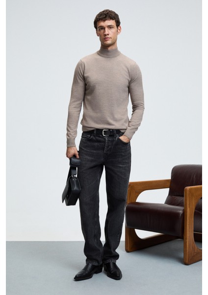 REBEL Erkek Yarım Balıkçı Yaka Basic Slim Fit Triko Vizon Kazak modelleri