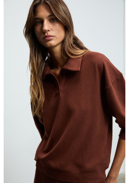 SILKEN Kadın Yumuşak Ve Esnek Kumaşlı Polo Yakalı Kahverengi Sweatshirt