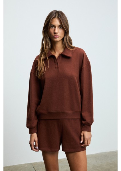SILKEN Kadın Yumuşak Ve Esnek Kumaşlı Polo Yakalı Kahverengi Sweatshirt fiyatları