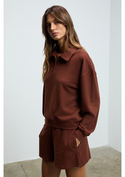 SILKEN Kadın Yumuşak Ve Esnek Kumaşlı Polo Yakalı Kahverengi Sweatshirt modelleri