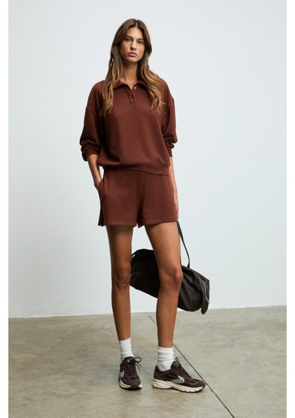 SILKEN Kadın Yumuşak Ve Esnek Kumaşlı Polo Yakalı Kahverengi Sweatshirt fırsatları