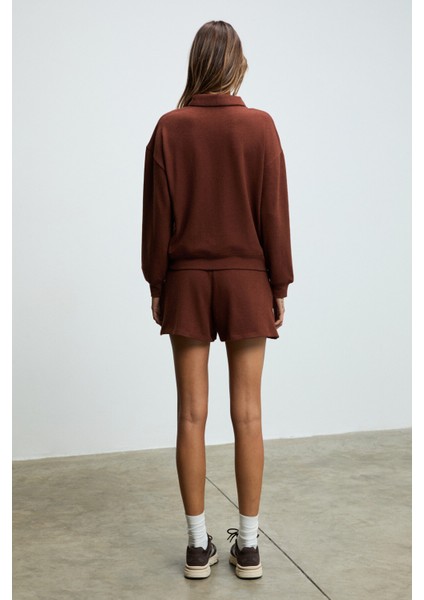 SILKEN Kadın Yumuşak Ve Esnek Kumaşlı Polo Yakalı Kahverengi Sweatshirt indirimleri