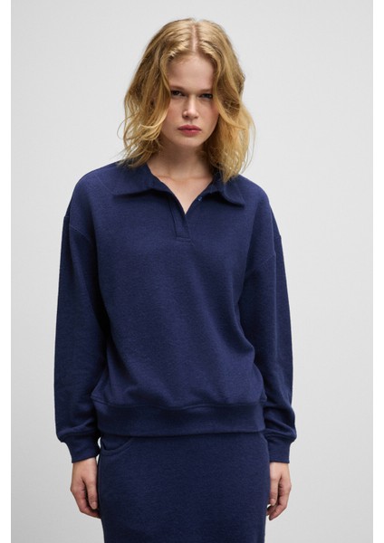 SILKEN Kadın Yumuşak Ve Esnek Kumaşlı Polo Yakalı Lacivert Sweatshirt