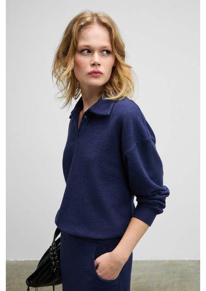 SILKEN Kadın Yumuşak Ve Esnek Kumaşlı Polo Yakalı Lacivert Sweatshirt fiyatları