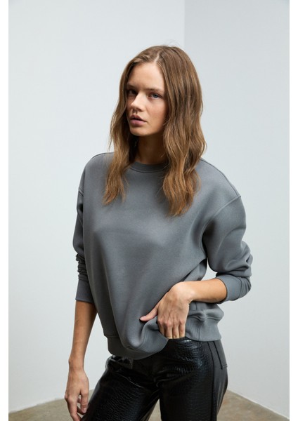 VANELTINA Kadın Organik Pamuklu Yumuşacık İçi Polarlı Yuvarlak yakalı Gri Sweatshirt modelleri