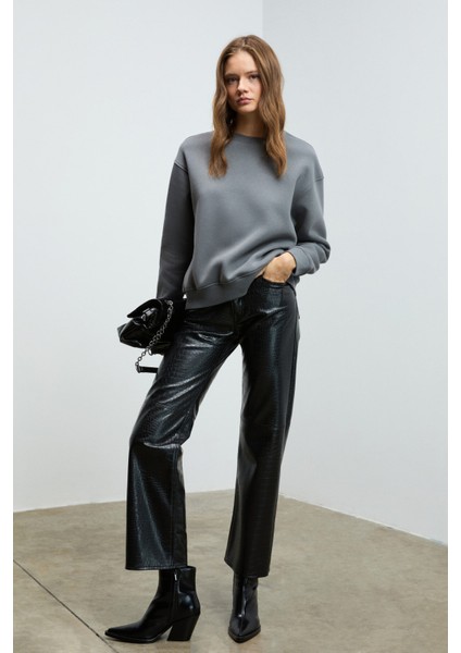 VANELTINA Kadın Organik Pamuklu Yumuşacık İçi Polarlı Yuvarlak yakalı Gri Sweatshirt indirimleri