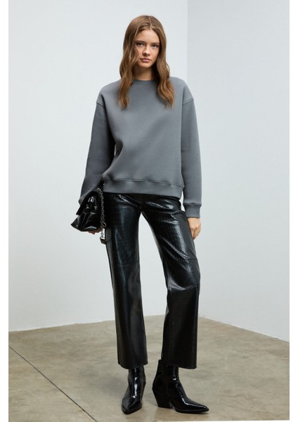 VANELTINA Kadın Organik Pamuklu Yumuşacık İçi Polarlı Yuvarlak yakalı Gri Sweatshirt