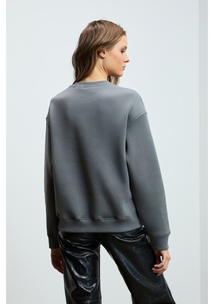 VANELTINA Kadın Organik Pamuklu Yumuşacık İçi Polarlı Yuvarlak yakalı Gri Sweatshirt