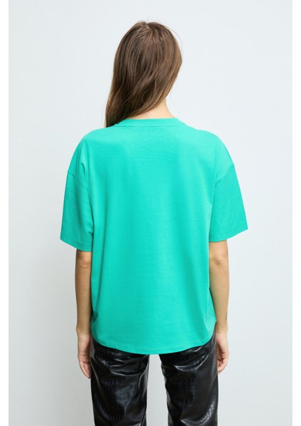 LAGERTHA Kadın %100 organik Pamuklu Kalın Dokulu Oversize Fit Yuvarlak Yakalı Yeşil T-Shirt