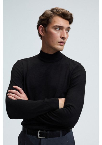 REBEL Erkek Yarım Balıkçı Yaka Basic Regular Fit Triko Siyah Kazak