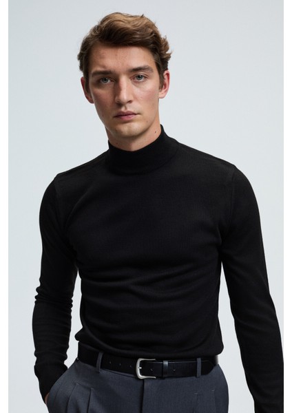 REBEL Erkek Yarım Balıkçı Yaka Basic Regular Fit Triko Siyah Kazak fiyatları