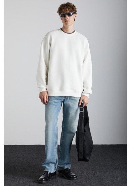 Stephan Erkek Yumuşacık Kumaşlı organik Pamuklu Oversize Fit Yuvarlak Yakalı Ekru Sweatshirt fiyatları