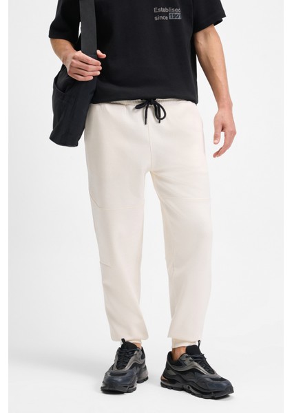 BORLAND Erkek Beli Lastikli Kordonlu Yanları Cepli Relaxed Fit Ekru Eşofman Altı