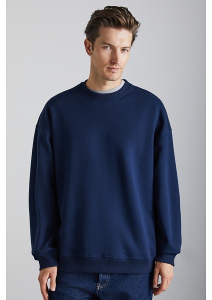 Stephan Erkek Yumuşacık Kumaşlı organik Pamuklu Oversize Fit Yuvarlak Yakalı Lacivert Sweatshirt fiyatları