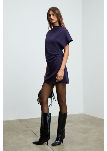 MAXINE Kadın Omuz Ve Bel Kısımlarında Pile Detaylı Dik Yaka Fermuarlı Kısa Kollu Mini Mor Elbise indirimleri