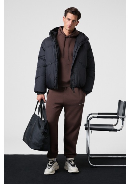 MARSHALLHOODIE Erkek Pamuklu İçi Polarlı Nakışlı Relaxed Kahverengi Eşofman Takımı