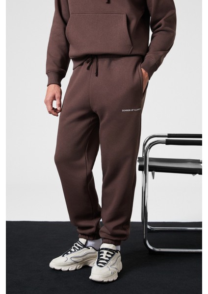 MARSHALLHOODIE Erkek Pamuklu İçi Polarlı Nakışlı Relaxed Kahverengi Eşofman Takımı indirimleri