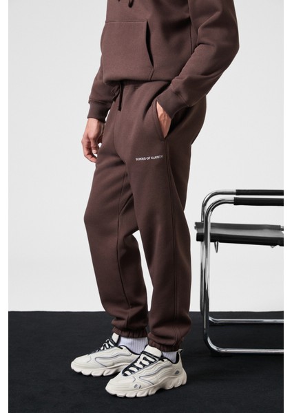 MARSHALLHOODIE Erkek Pamuklu İçi Polarlı Nakışlı Relaxed Kahverengi Eşofman Takımı