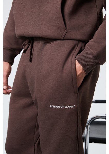 MARSHALLHOODIE Erkek Pamuklu İçi Polarlı Nakışlı Relaxed Kahverengi Eşofman Takımı