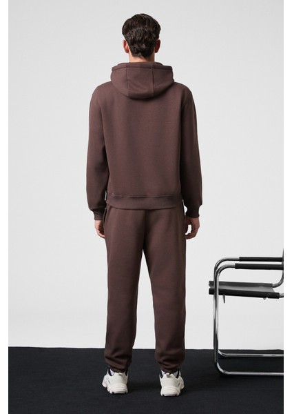 MARSHALLHOODIE Erkek Pamuklu İçi Polarlı Nakışlı Relaxed Kahverengi Eşofman Takımı