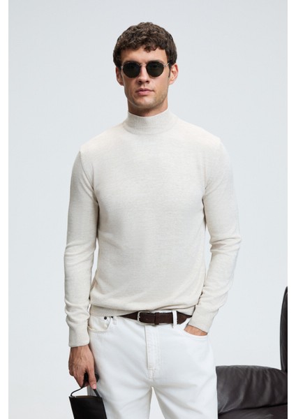 REBEL Erkek Yarım Balıkçı Yaka Basic Slim Fit Triko Bej Kazak