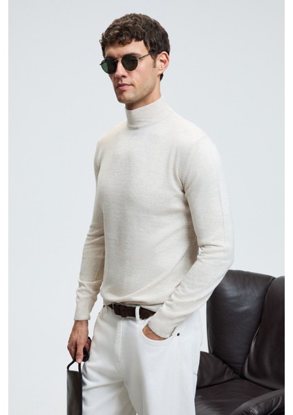 REBEL Erkek Yarım Balıkçı Yaka Basic Slim Fit Triko Bej Kazak modelleri