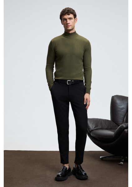 REBEL Erkek Yarım Balıkçı Yaka Basic Slim Fit Triko Haki Kazak