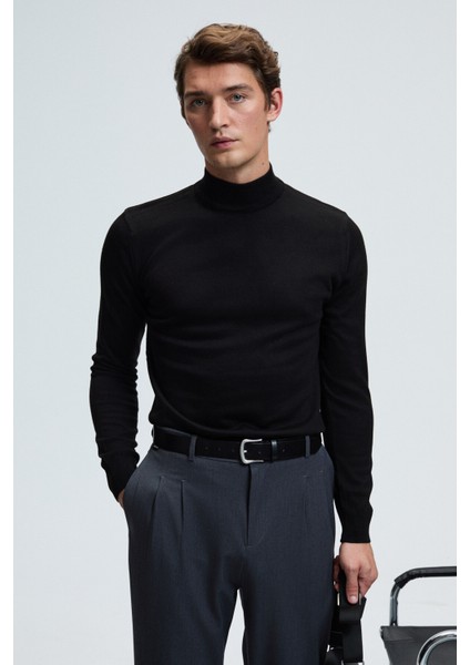 REBEL Erkek Yarım Balıkçı Yaka Basic Regular Fit Triko Siyah Kazak modelleri