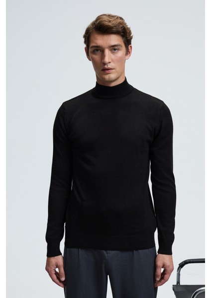 REBEL Erkek Yarım Balıkçı Yaka Basic Regular Fit Triko Siyah Kazak