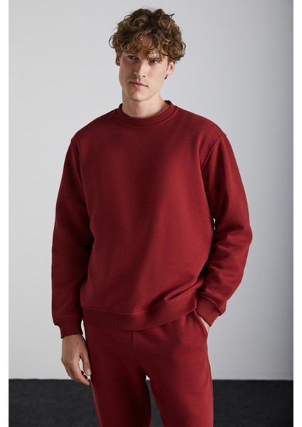 TRAVIS Erkek Organik Kumaşlı Yumuşacık Regular Fit Yuvarlak Yakalı Bordo Sweatshirt modelleri