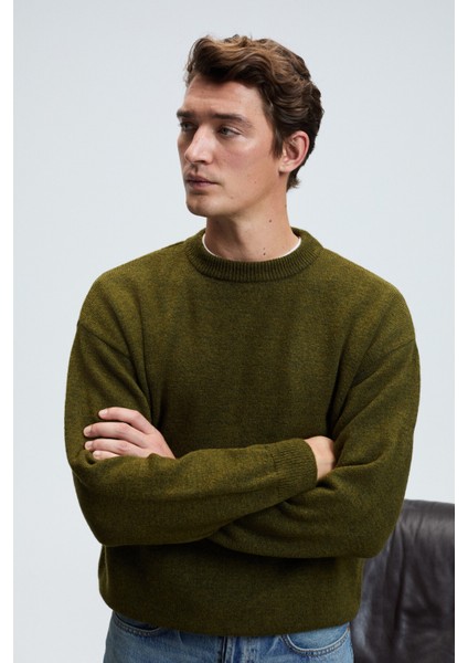 TROMSO Erkek Pofuduk Yumusacık Recyle Bisiklet yakalı Triko Haki Kazak