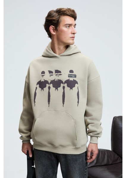 ARMAND Erkek Kapüşonlu Kanguru Cepli Önü Baskılı Oversize Taş Rengi Sweatshirt fiyatları
